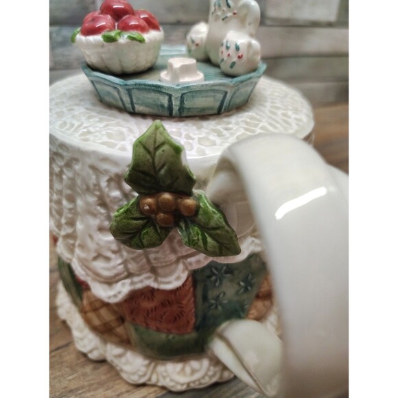 Vintage Fitz & Floyd 1992 34oz Knit Doily Christmas Teapot Cottage Core Granny - Picture 7 of 12